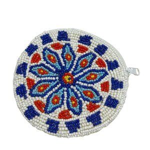 Handmade Beaded Coin Purse Circular Mandala Floral Red Blue Yellow – Native Boho